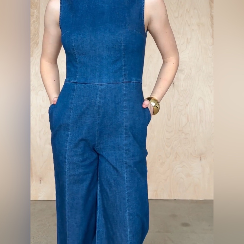 Mixed by Nasrin Boatneck Jumpsuit in Denim Blue XS Stretch Wide Leg $175 - Picture 5 of 11